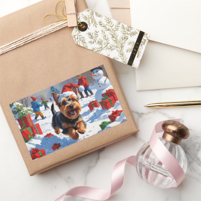 Scottish Terrier Running Snow mit Weihnachtshut Rechteckiger Aufkleber (Schenken)