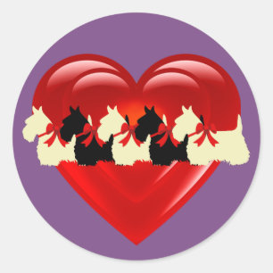 Scottish Terrier Schwarz/Weiß, Doppelherz/Bogen Runder Aufkleber