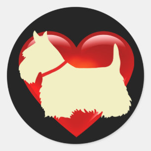 Scottish Terrier, schwarz/weiß, rotes Herz/Kragen Runder Aufkleber