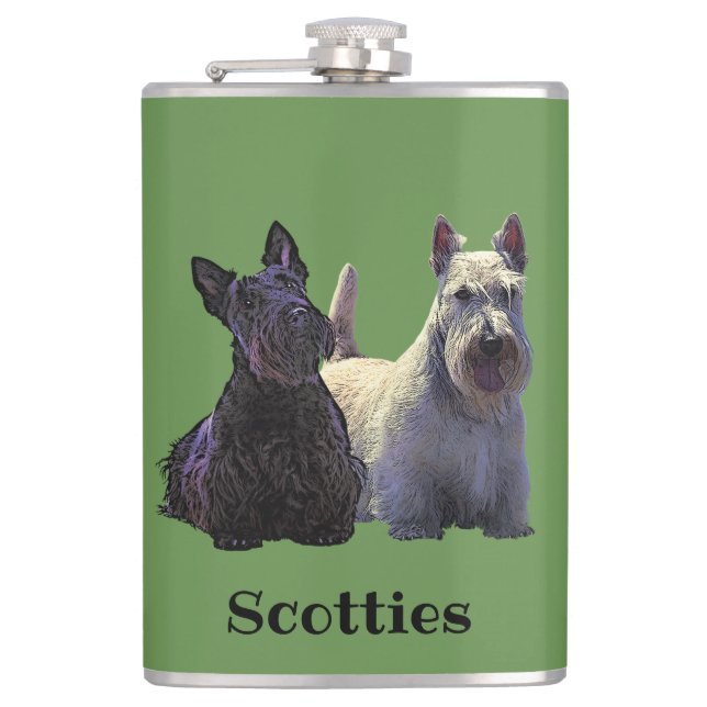 Scottish Terrier Schwarz/Weiß, sitzend/stehend Flachmann (Vorderseite)