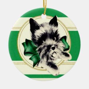 Scottish Terrier Scottie Dog mit grünem Bug Keramik Ornament