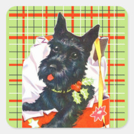 Scottish Terrier Scottie mit grünen karierten Aufk Quadratischer Aufkleber