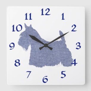 Scottish Terrier Silhouette in Denim Quadratische Wanduhr