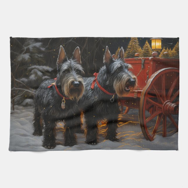 Scottish Terrier Snowy Sleigh Weihnachtsdekor Geschirrtuch (Horizontal)