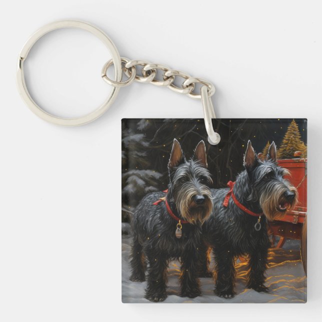 Scottish Terrier Snowy Sleigh Weihnachtsdekor Schlüsselanhänger (Vorderseite)