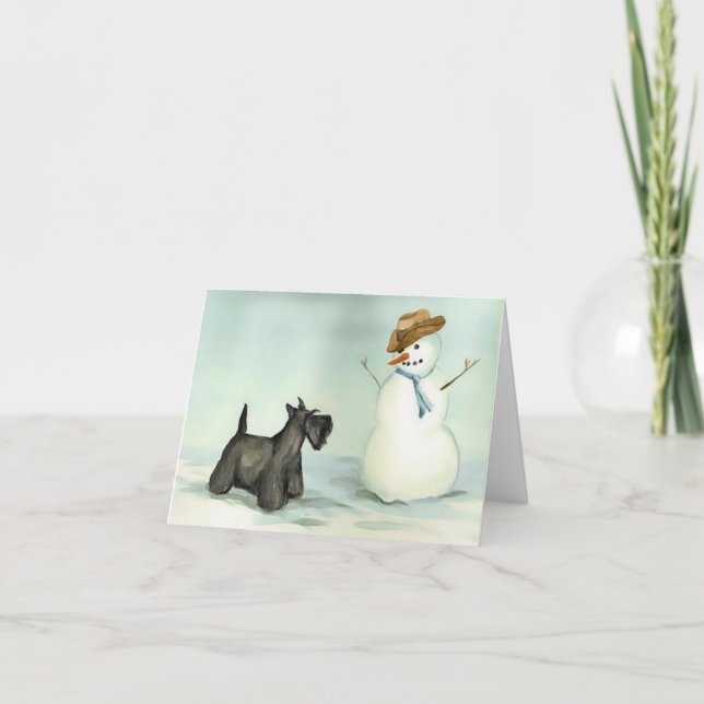 Scottish Terrier trifft Snowman Dog Art Note Card Dankeskarte (Vorderseite)