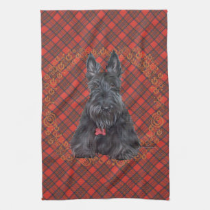 Scottish Terrier über Tartan Geschirrtuch