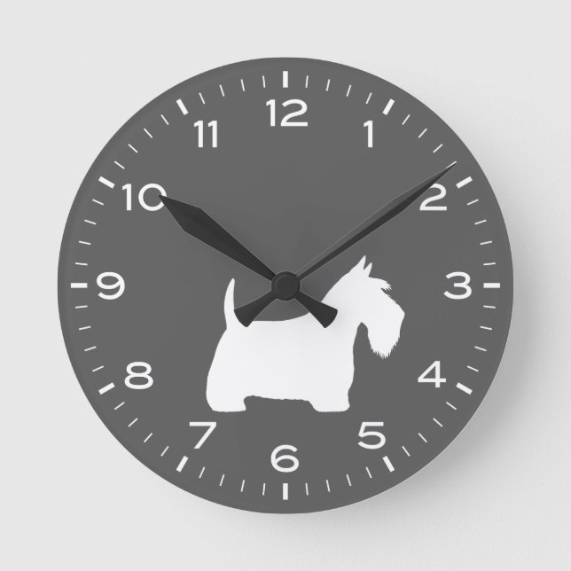Scottish Terrier White Scottie Dog Silhouette Runde Wanduhr (Vorderseite)