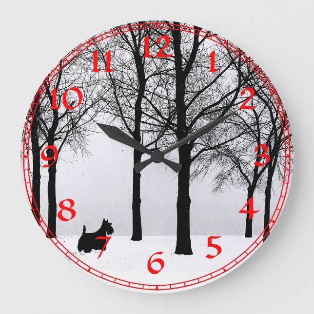 Scottish Terrier Winter Clock Große Wanduhr (Vorderseite)