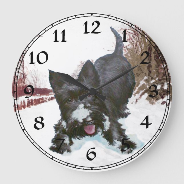 Scottish Terrier Winter Playtime Große Wanduhr (Vorderseite)