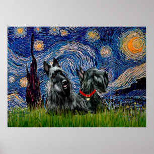 Scottish Terrier (zwei schwarze) - Starry Night Poster