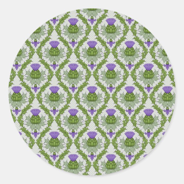 Scottish Thistle Damask Runder Aufkleber (Vorderseite)