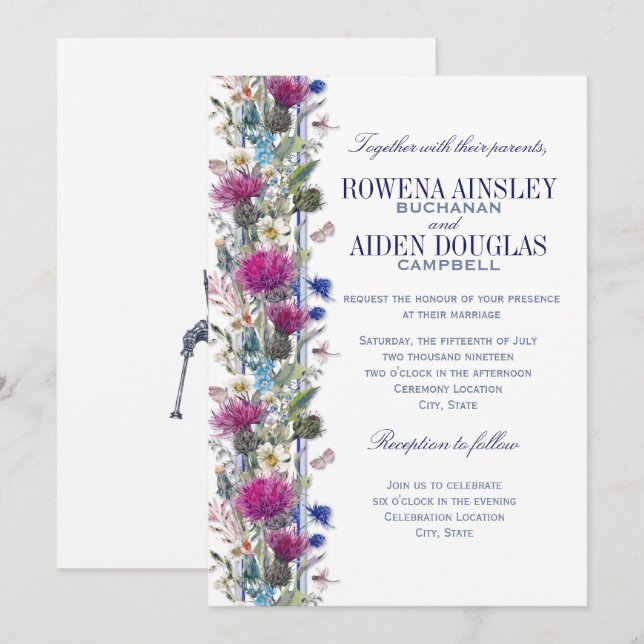 Scottish Thistle Floral Wedding Einladung (Vorne/Hinten)