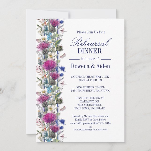 Scottish Thistle Floral Wedding Probe Dinner Einladung (Vorderseite)