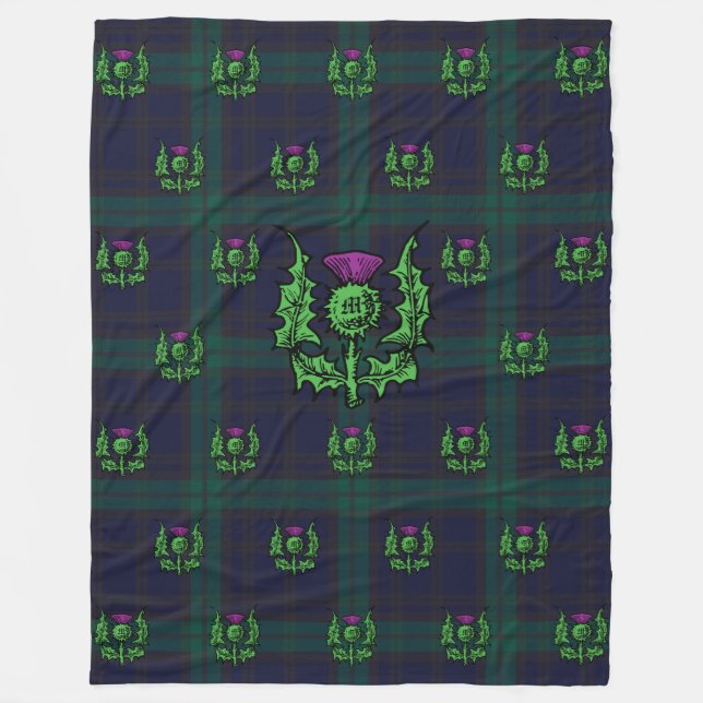 Scottish Thistle on Dark Tartan Custom Monogram Fleecedecke (Vorderseite)