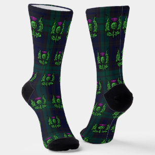 Scottish Thistle on Dark Tartan Custom Monogram Socken