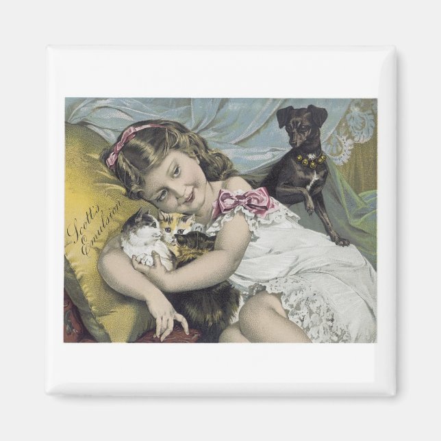 Scott's Emulsion Girl mit Katzen und Hund Magnet (Vorne)