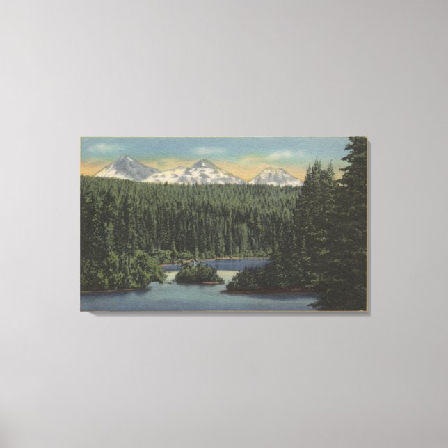 Scotts Lake, Oregon - Aussicht auf drei Schwestern Leinwanddruck (Vorderseite)