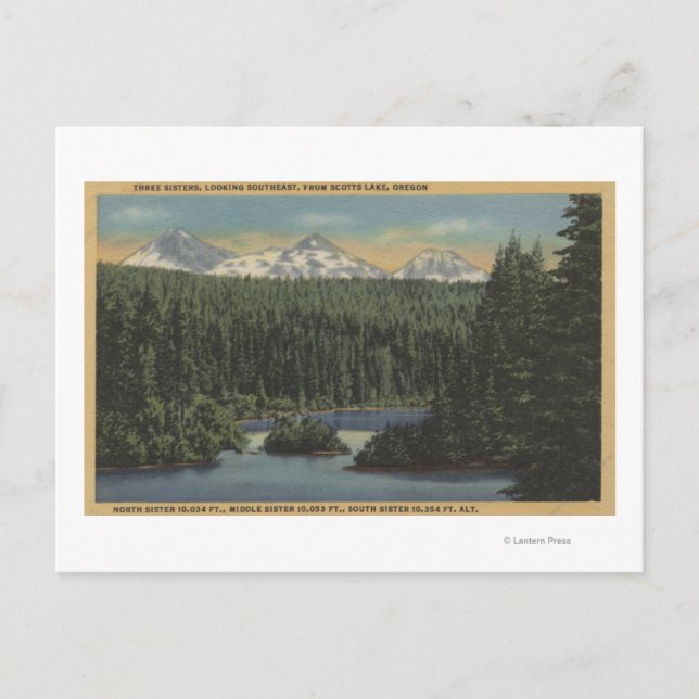 Scotts Lake, Oregon - Aussicht auf drei Schwestern Postkarte (Vorderseite)
