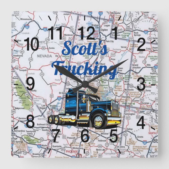 Scott's Trucking Road Map Square Wall Clock Quadratische Wanduhr (Vorderseite)