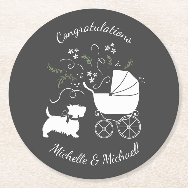 Scotty Dog Baby Shower Runder Pappuntersetzer (Vorderseite)