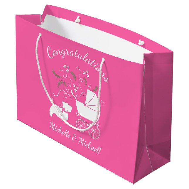 Scotty Dog Baby Shower Scottish Terrier Pink Große Geschenktüte (Rückseite Schrägansicht)