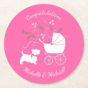Scotty Dog Baby Shower Scottish Terrier Pink Runder Pappuntersetzer