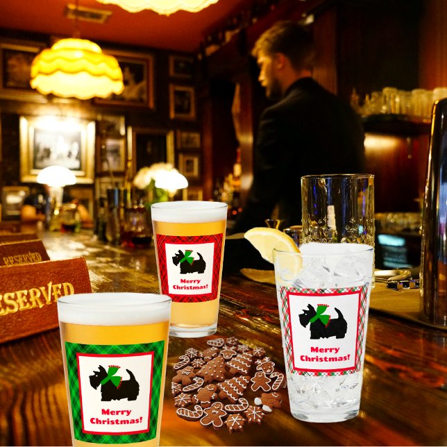 Scotty Dog und Tartan Frohe Weihnachten Glas (Have a Christmas brew!)