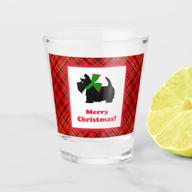 Scotty Dog und Tartan Frohe Weihnachten Schnapsglas (Vorderseite)