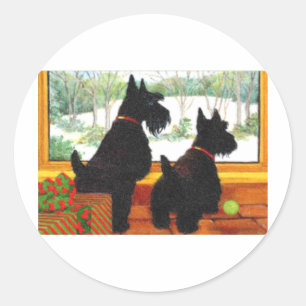 Scotty Dogs an Weihnachten - Warten auf den Weihna Runder Aufkleber