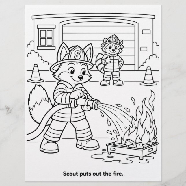 Scout der Fuchs löscht das Feuer Malvorlage (Vorderseite)