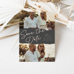 Scrapbook | Zwei Fotos Save the Date Folieneinladung<br><div class="desc">Ein einzigartiges Save the Date Design mit zwei waagerechten oder portraitorientierten Fotos, oben und unten ausgerichtet, geteilt durch ein tiefgraues Element mit einem "zerrissenen" Aussehen. "Save the Date" erscheint in handgeschriebenen Schriftzeichen in echter Folie, mit Ihren Namen, Hochzeitstermin und dem Ort neben dem. Personalisieren Sie den Rücken mit weiteren Details,...</div>