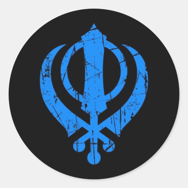 Scratched Blue Sikh Khanda Symbol auf schwarz Runder Aufkleber (Vorderseite)