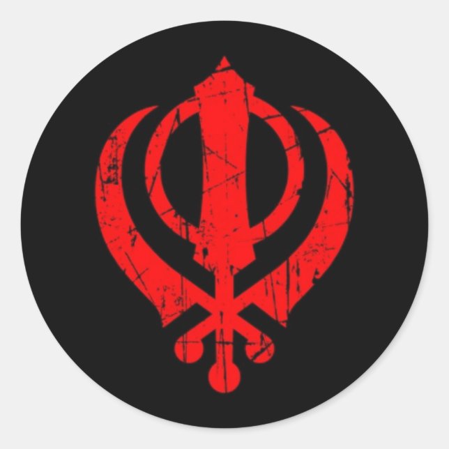 Scratched Red Sikh Khanda Symbol auf schwarz Runder Aufkleber (Vorderseite)