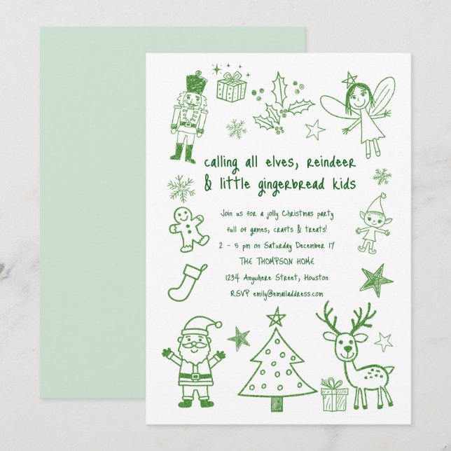 Scribbble Art Glitzer Green Kids Weihnachts-Party Einladung (Vorne/Hinten)