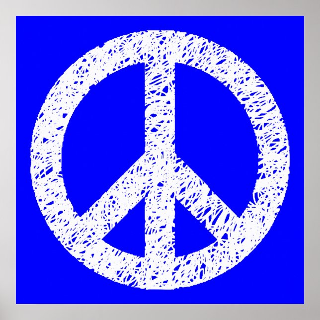 Scribble Stenciled Peace Symbol - White on Blue Poster (Vorne)