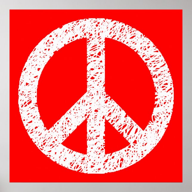Scribble Stencilled Peace Symbol - White on Red Poster (Vorne)
