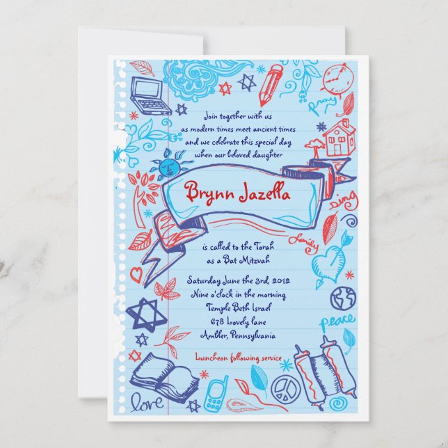 SCRIBBLES auf NOTEPAPER BAT Mitzvah Einladung (Vorderseite)