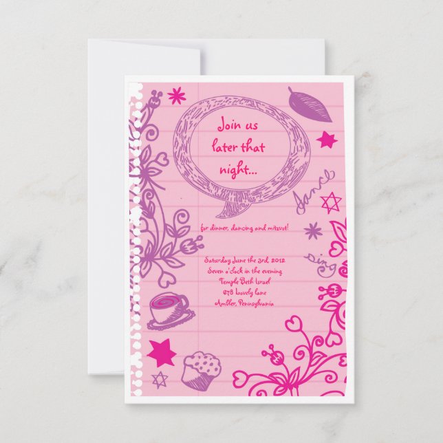 SCRIBBLES AUF NOTEPAPER BAT Mitzvah Party Card Einladung (Vorderseite)