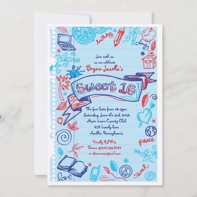 SCRIBBLES auf NOTEPAPIERE Sweet 16 Einladung (Vorderseite)