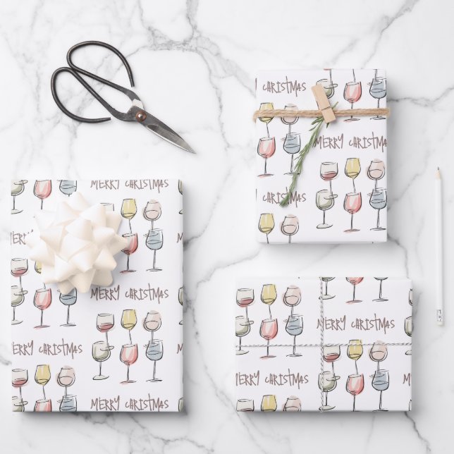 Scribbly doodle wine glass pattern Merry Christmas Geschenkpapier Set (Vorderseite)