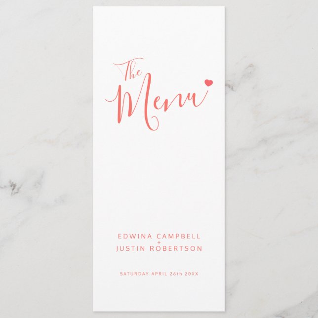 Script blanc et corail moderne menu mariage simple (Devant)