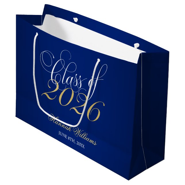 Script Blue Gold Class 2024 Abschluss Große Geschenktüte (Vorderseite Schrägansicht)
