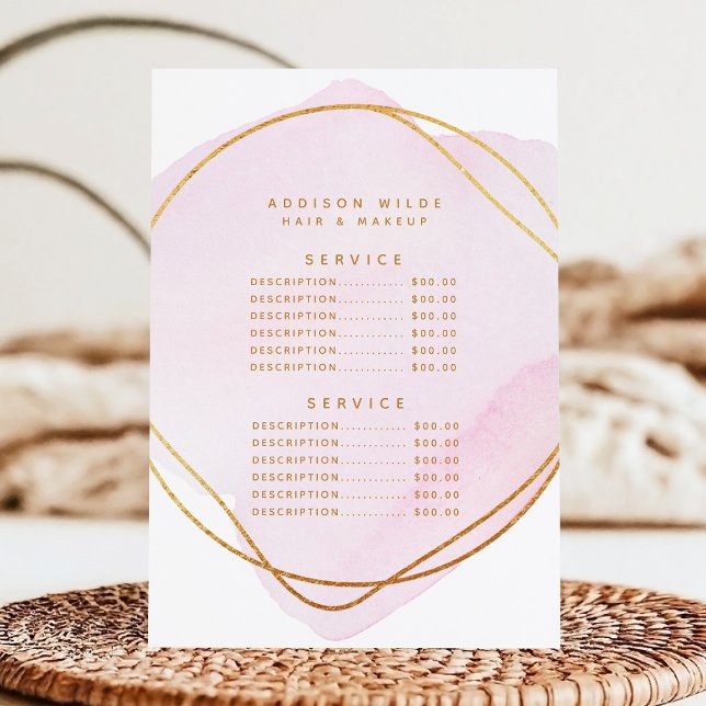 Script Blush Pink Watercolor Gold Service Preis Menükarte (Von Creator hochgeladen)