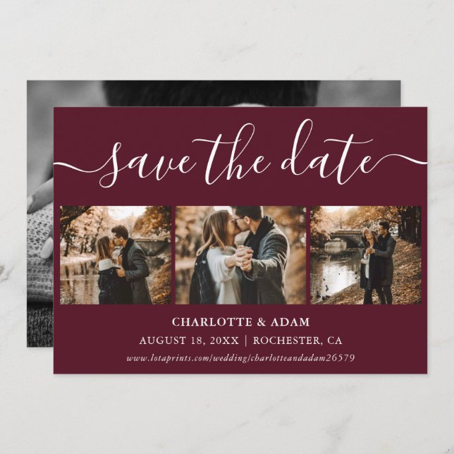 Script Burgundy Wedding Foto Speichern Sie die Dat Save The Date (Vorne/Hinten)