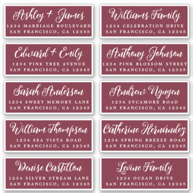 Script Burgundy Wedding Guest Address Labels (Vorderseite)