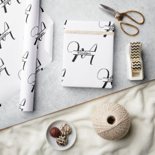 Script Calligraphy Black & White Mit Monogramm Nam Geschenkpapier