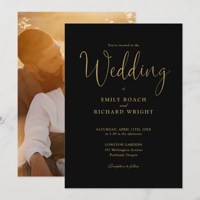 Script Calligraphy Foto Black and Gold Wedding Einladung (Vorne/Hinten)