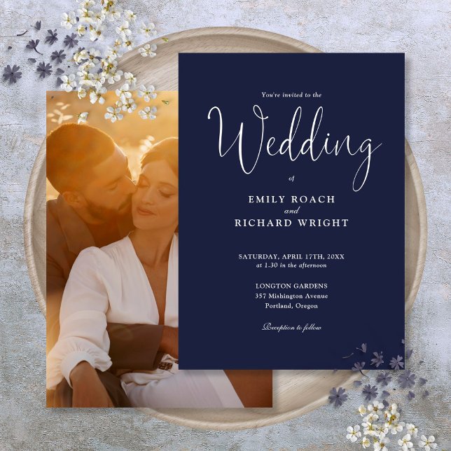 Script Calligraphy Foto Navy Blue Wedding Einladung (Script Calligraphy Photo Navy Blue Wedding Invitation)