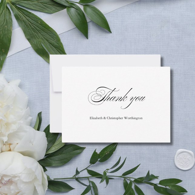 Script Calligraphy Minimal Elegante Klassische Hoc Dankeskarte (Black White Minimalist Calligraphy Wedding thank you card. Personalize with your names)